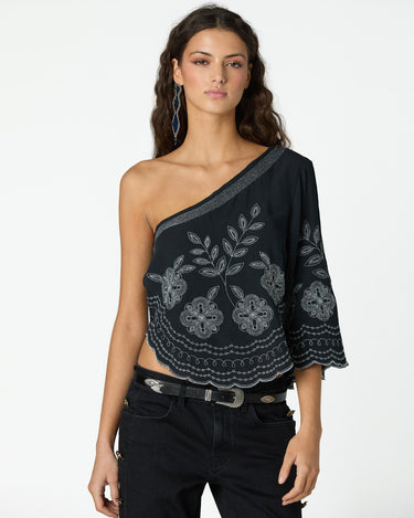 BLACK EMBROIDERED ASYMMETRICAL TOP