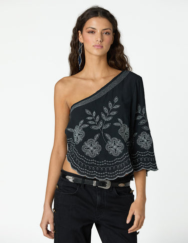 BLACK EMBROIDERED ASYMMETRICAL TOP