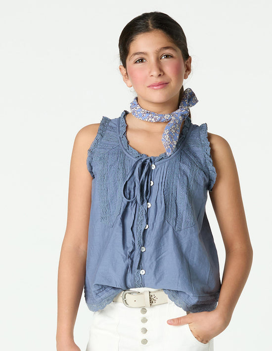 TOP BOTONES ENCAJES AZUL