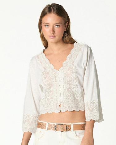 LACE BUTTON-UP SHIRT IN ECRU