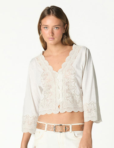 LACE BUTTON-UP SHIRT IN ECRU