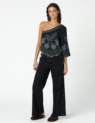 BLACK DENIM SIDE BUTTON FLOWER