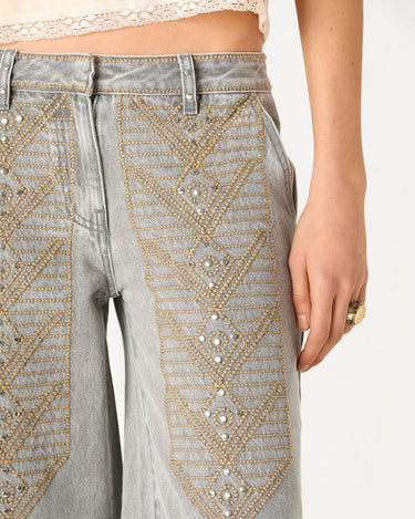 EMBROIDERED GREY DENIM TROUSERS