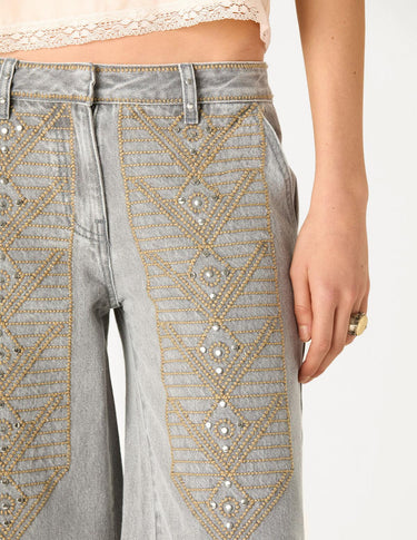 EMBROIDERED GREY DENIM TROUSERS