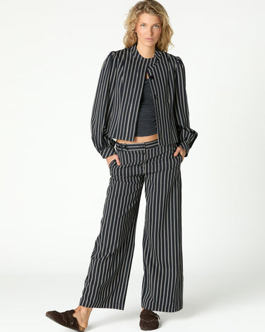 BUTTON WAIST BLACK DOUBLE STRIPE TROUSERS