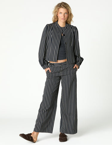 BUTTON WAIST BLACK DOUBLE STRIPE TROUSERS