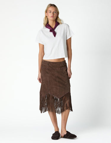 BROWN SUEDE FRINGED SKIRT