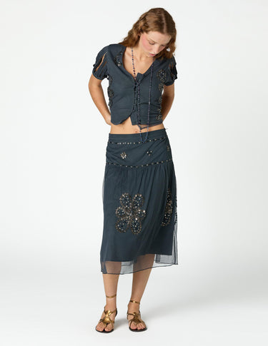 ANTHRACITE EMBROIDERED TULLE SKIRT