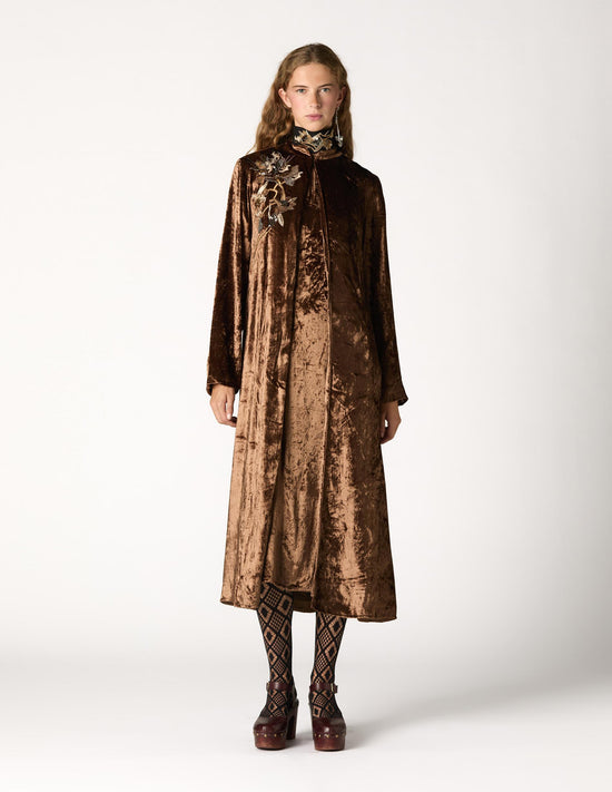 EMBROIDERED VELVET DJELLABA BROWN