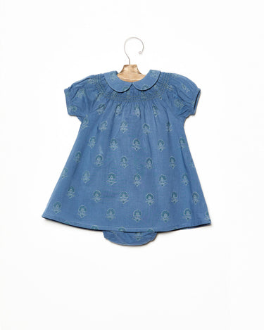 Bicolor blue Indian flower smocked Peter Pan collar dress