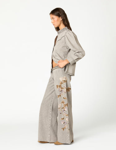 EMBROIDERED FLOWER TROUSERS LIGHT GREY
