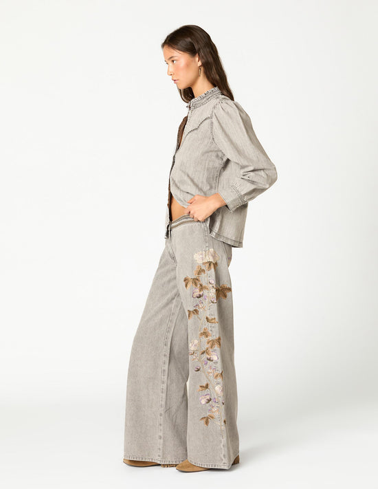 EMBROIDERED FLOWER TROUSERS LIGHT GREY