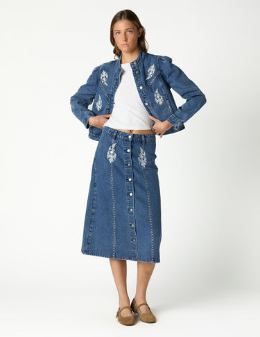 EMBROIDERED DENIM SKIRT BLUE