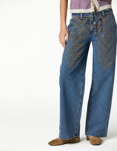 EMBROIDERED BLUE DENIM PANTS