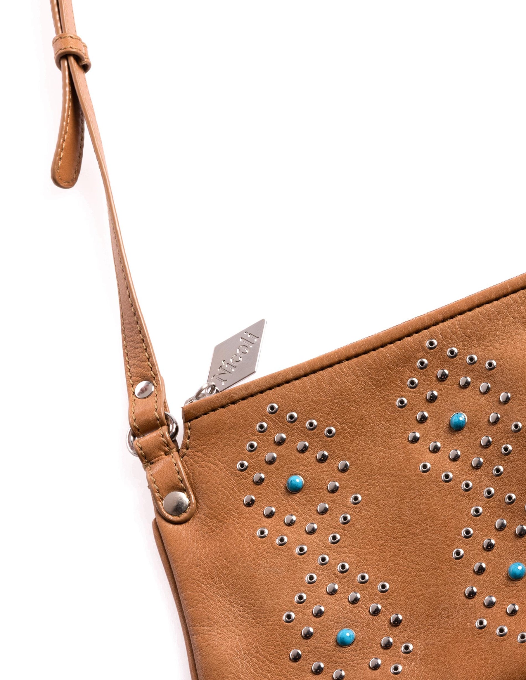 BOLSO MARRÓN TACHAS Y TURQUESAS