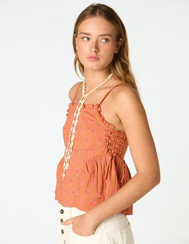 ORANGE BUTI STRAP TOP
