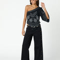 BLACK DENIM SIDE BUTTON FLOWER