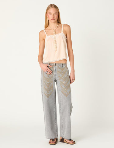 EMBROIDERED GREY DENIM TROUSERS