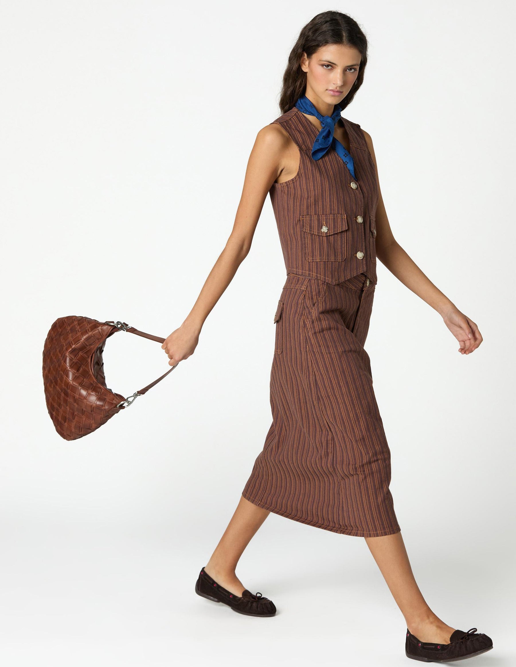 STRIPED BROWN DENIM SKIRT