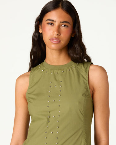 KHAKI STUDDED MIDI DRESS