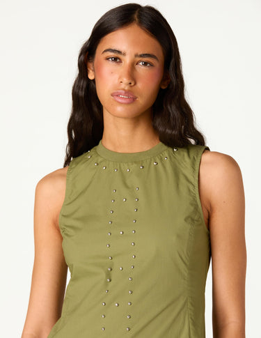 KHAKI STUDDED MIDI DRESS