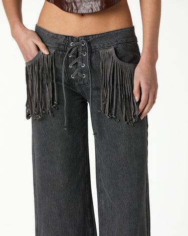 FRINGED ANTHRACITE DENIM PANTS