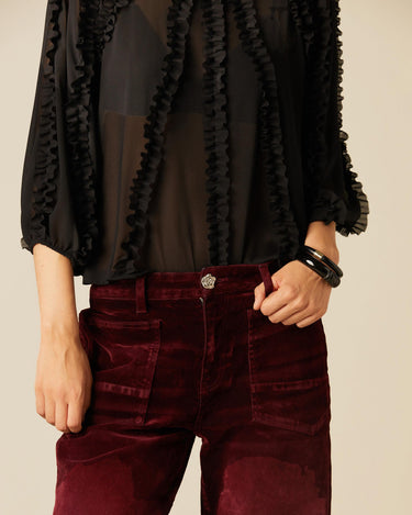 BURGUNDY VELVET POCKET TROUSERS