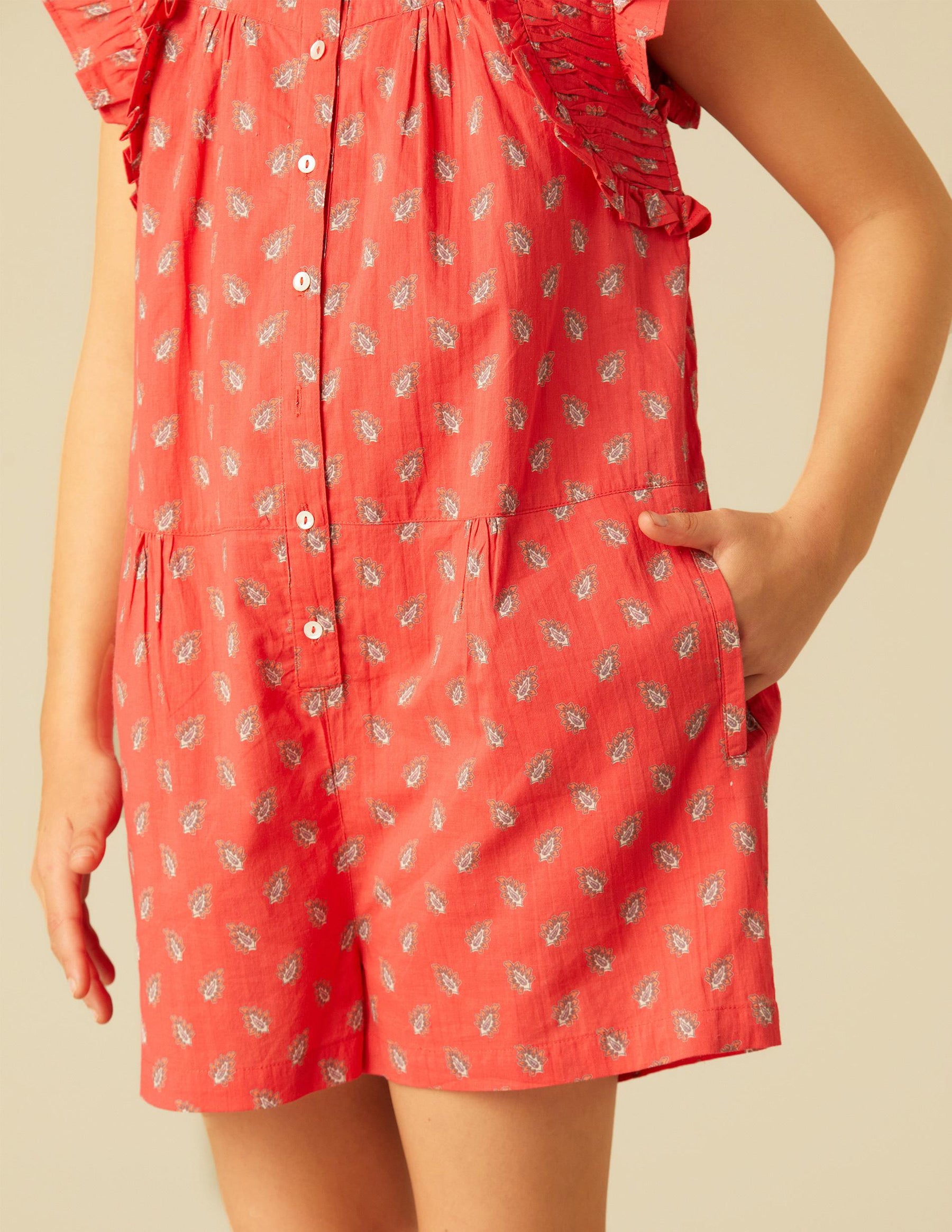 RED SHORT LEAVES JUMPSUIT