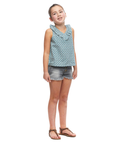 Lotus flower ruffle V-neck shirt green