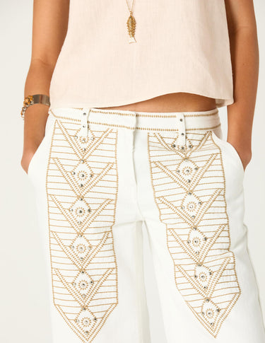 EMBROIDERED WHITE DENIM JEANS
