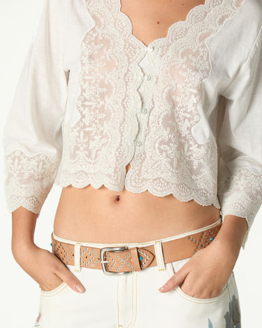 LACE BUTTON-UP SHIRT IN ECRU