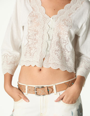 LACE BUTTON-UP SHIRT IN ECRU