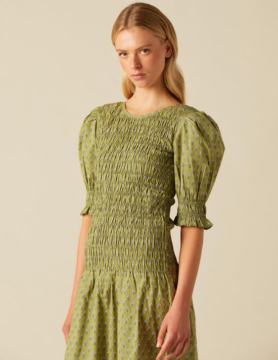 GATHERED DRESS BUTI GREEN LEAF