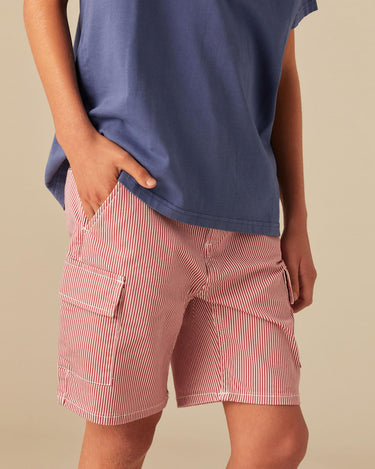 RED STRIPED CARGO SHORTS