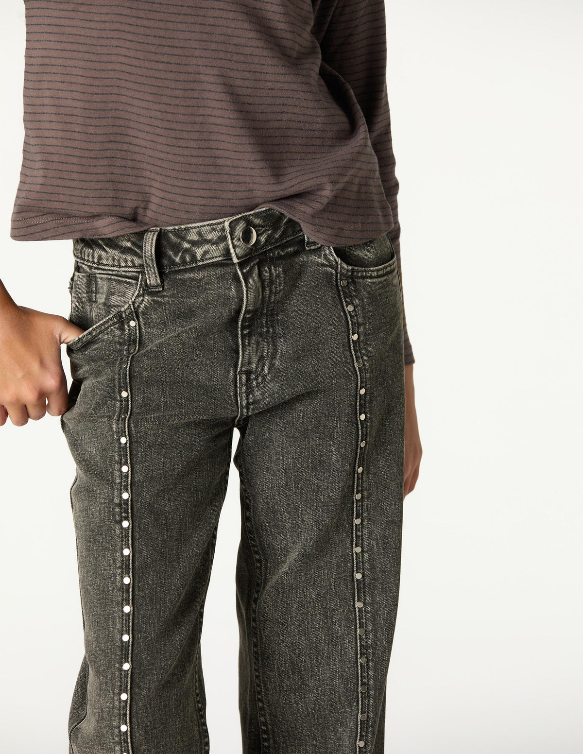 GREY FRINGED DENIM PANTS
