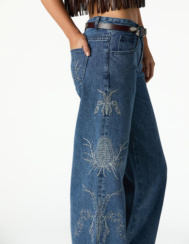 EMBROIDERED SEQUIN BLUE DENIM TROUSERS
