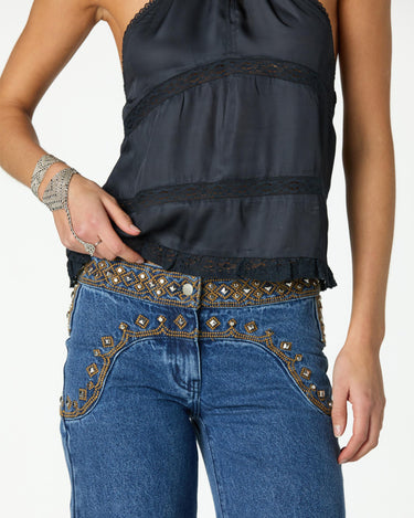 BLUE EMBROIDERED YOKE TROUSERS