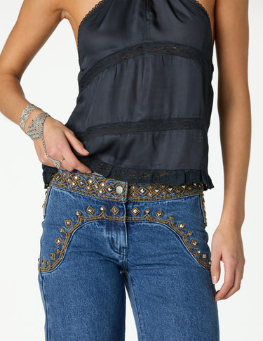 BLUE EMBROIDERED YOKE TROUSERS