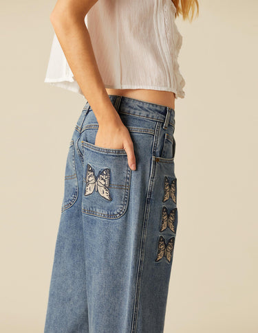 EMBROIDERED BUTTERFLY BLUE TROUSERS