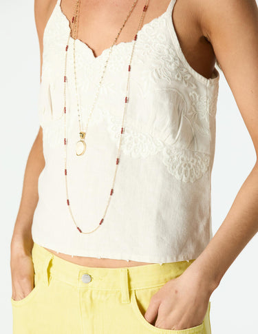 EMBROIDERED ECRU LINEN STRAP TOP