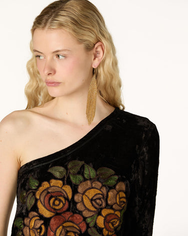 EMBROIDERED VELVET ASYMMETRICAL TOP