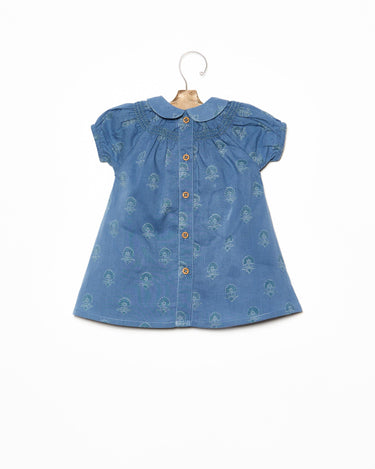 Bicolor blue Indian flower smocked Peter Pan collar dress