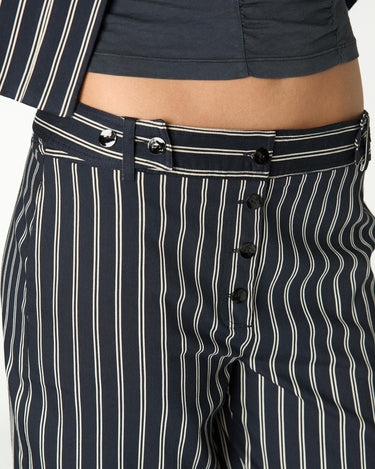 BUTTON WAIST BLACK DOUBLE STRIPE TROUSERS