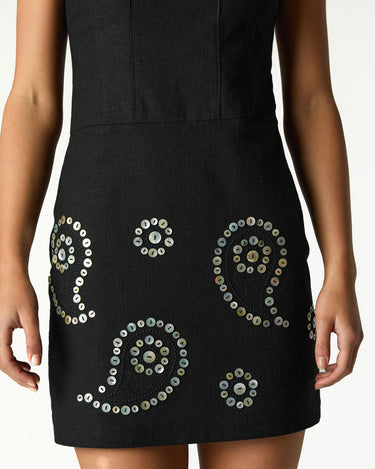 BLACK EMBROIDERED BUTTON DRESS