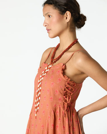 ORANGE BUTTI PRINT STRAPPY DRESS