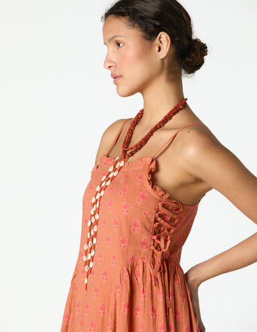 ORANGE BUTTI PRINT STRAPPY DRESS