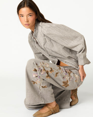 EMBROIDERED FLOWER TROUSERS LIGHT GREY