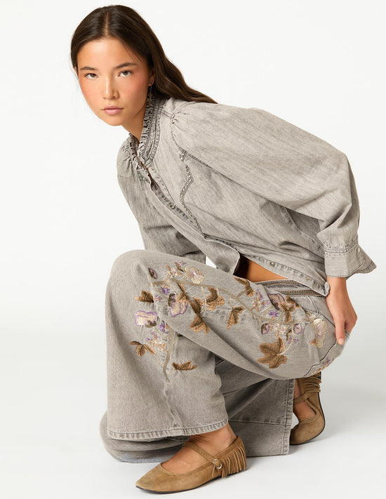 EMBROIDERED FLOWER TROUSERS LIGHT GREY