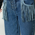 BLUE DENIM FRINGED PANTS