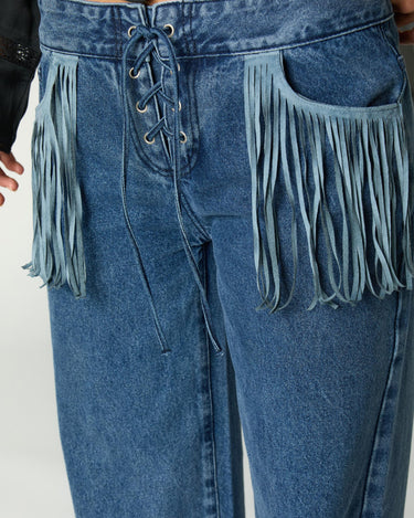 BLUE DENIM FRINGED PANTS
